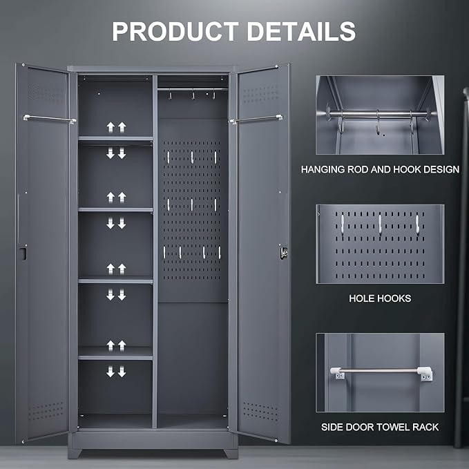 FLEXIMOUNTS 73'' Tall Metal Storage Cabinet with Locking Door, Large Cleaning Tool Organizer for Brooms, Garage, Laundry Room, Bathroom, Dark Grey