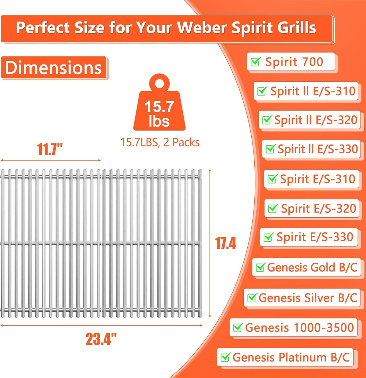 9.5MM Grill Grates for Weber Spirit 300 & GS4 Spirit II 300 Series, Genesis Silver B & C, Genesis Gold B & C, Genesis Platinum B & C, Genesis 1000-3500 Grills, for Weber Spirit Grill Grates 7638 7639