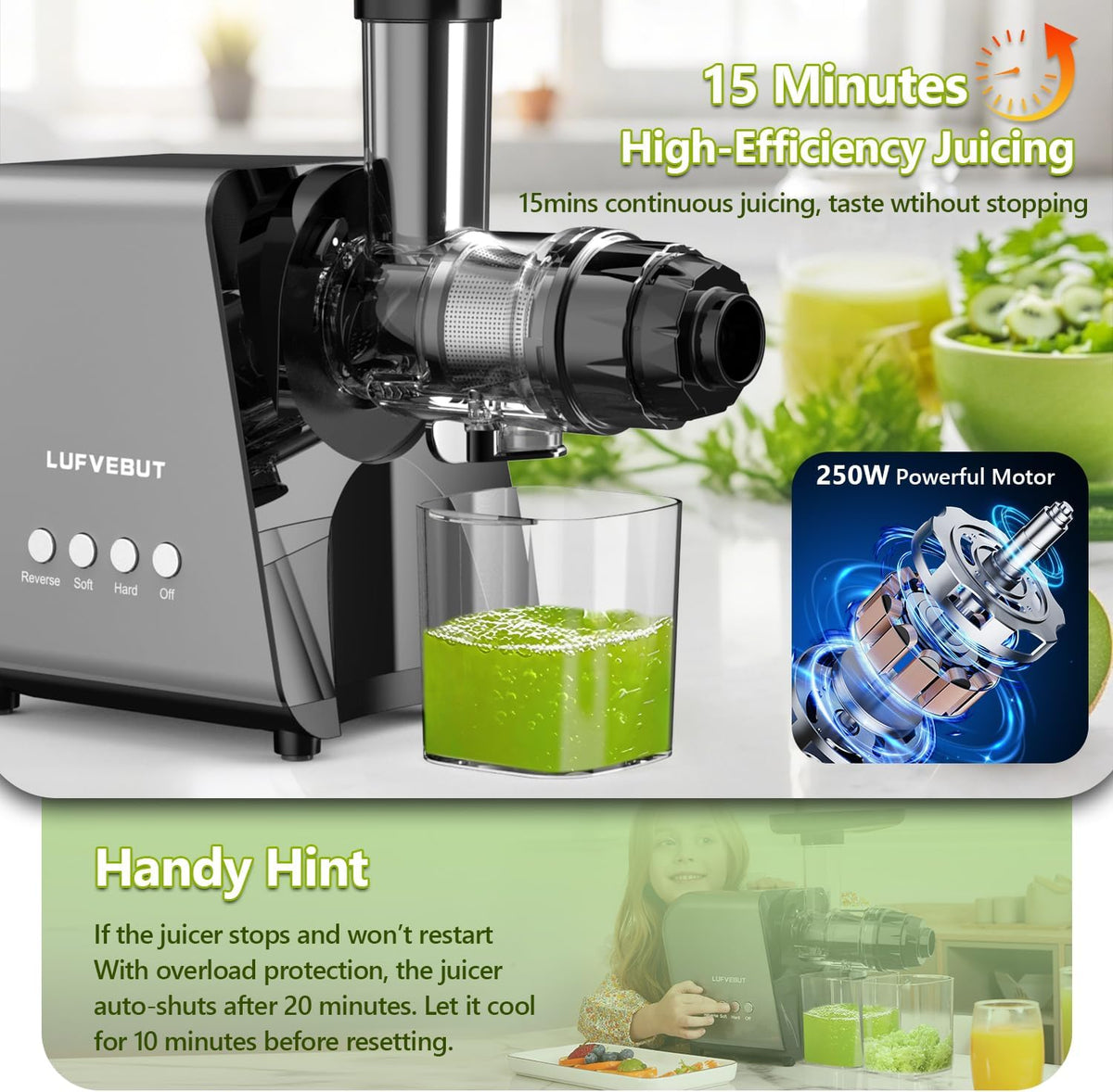Slow Juicer Carrot Ginger, 250W Cold Press Juicer Machine BAP Free, Easy To Clean High Yield Juicer Extractor with Grinding Function, Dishwasher Safe Masticating Juicer for Hard Vegetable and Fruit