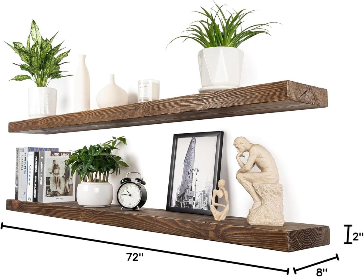Floating Shelves 72 inch Long 8 "deep Set of 2, Heavy Duty Wood Wall Mounted Shelves for Bathroom Living Room Kitchen,Book Shelves with Thickened Hidden Bracket-Distressed Walnut