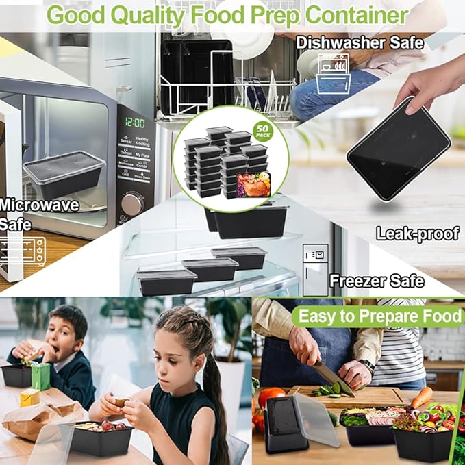 50-Pack Food Prep Containers, 1000ML/ 34 OZ Microwavable Food Storage Containers with Lids, Reusable Plastic lunch Containers Lunch Boxes- Stackable, Reusable Dishwasher Safe