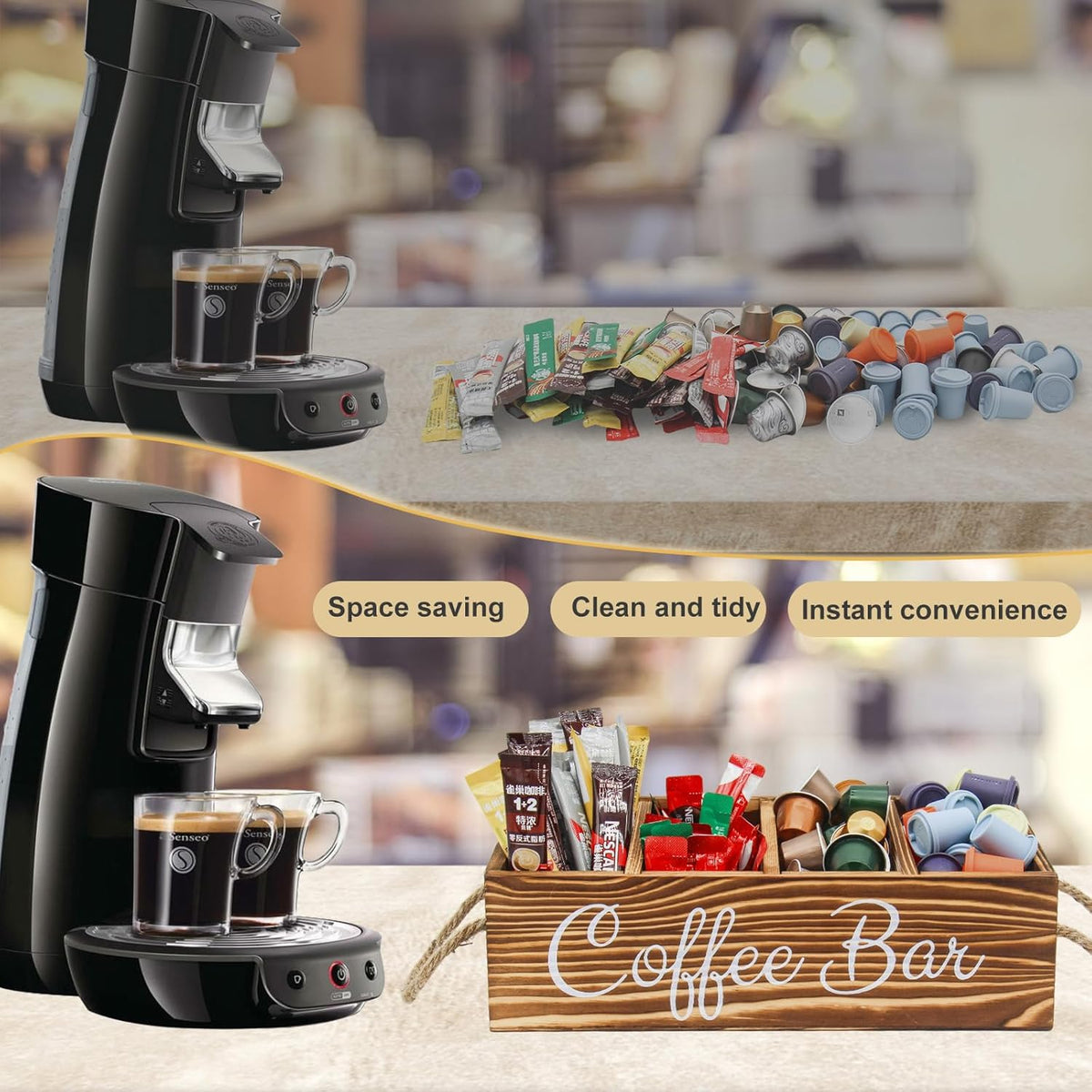 Wooden Coffee Pod Holder Coffee Station Organizer for Countertop Kcup Storage with Removable Dividers Bar Accessories Table Decor Tea Condiment Storage Box