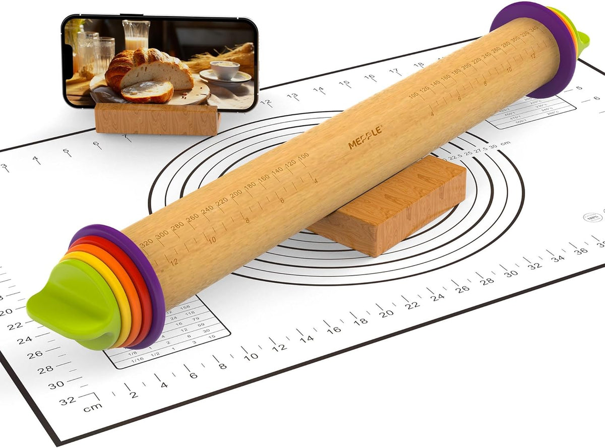 Rolling Pin with Thickness Rings and Pastry Baking Mat, 13.6" Adjustable Wooden Rolling Pin Dough Roller for Baking Cookie Pizza, Comes with Large Silicone Pastry Mat and Wooden Stand