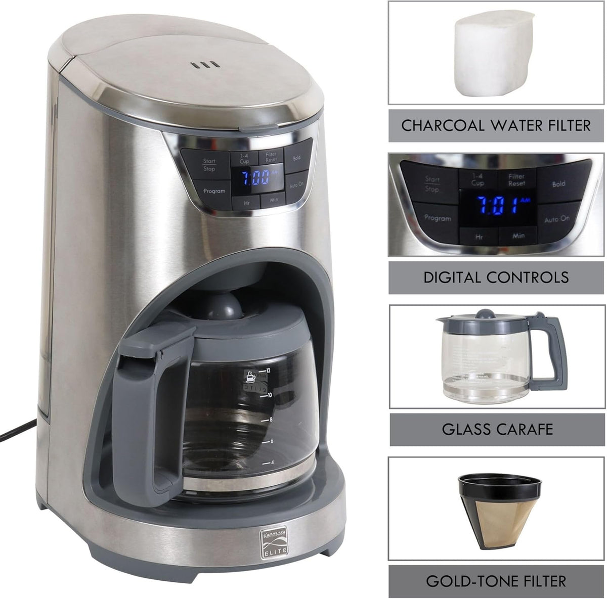 Kenmore Elite Drip Coffee Maker - 12 Cup Programmable Cafe Machine With Glass Pot, Regular & Bold Brew, Auto Shut Off Large Water Reservoir, Reusable Filter, Kitchen Appliances