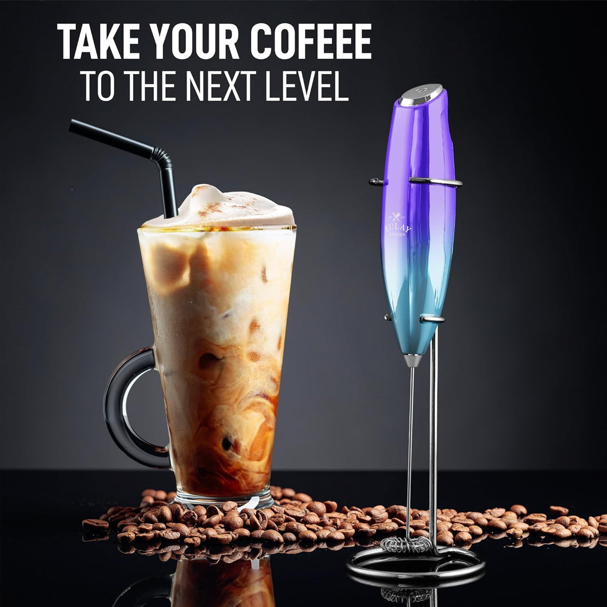 Zulay Executive Series Ultra Premium Gift Milk Frother - Coffee Frother Handheld Foam Maker For Lattes - Electric Milk Frother Handheld For Coffee - Purple Teal Fade w Silver OG Stand