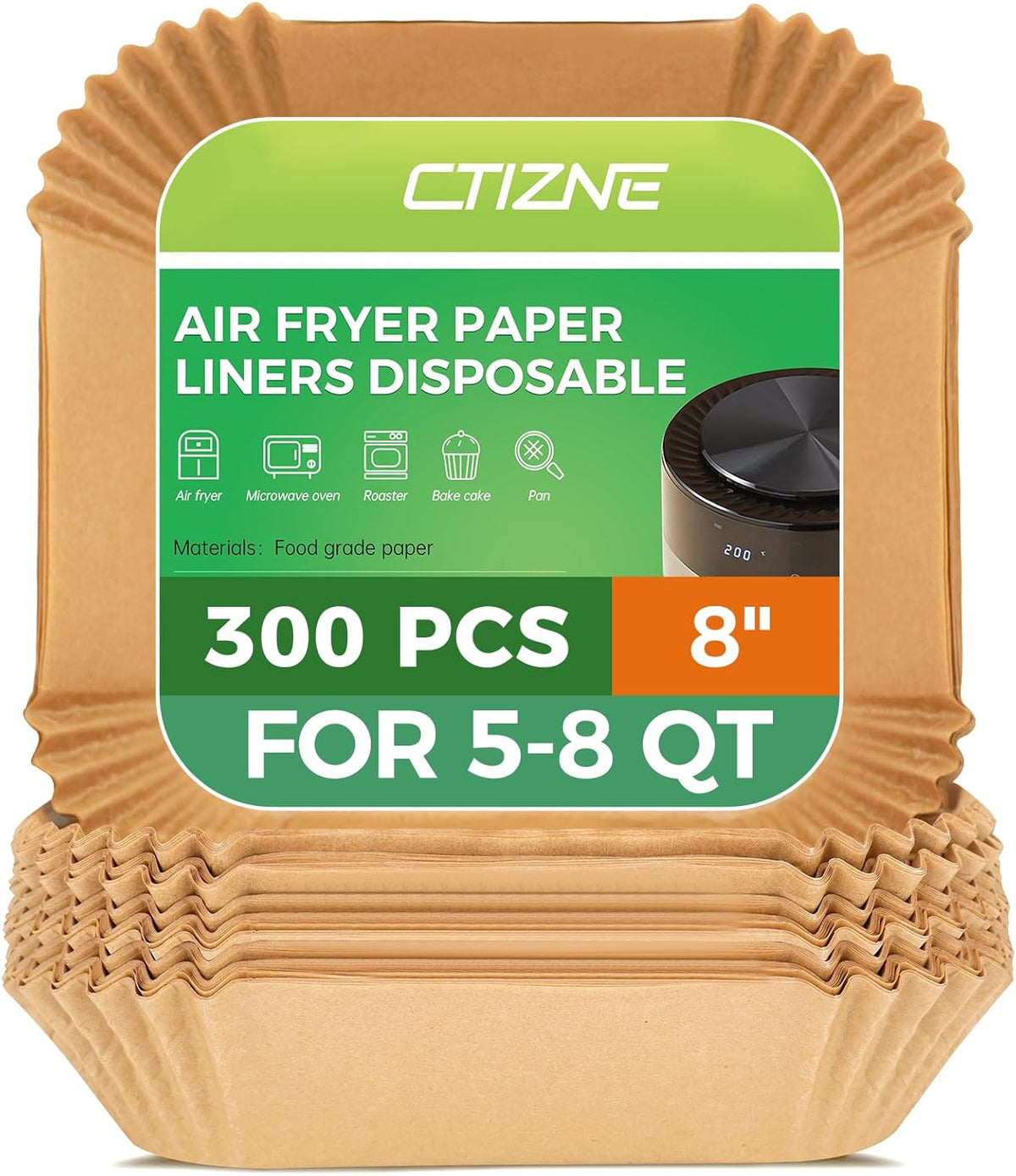 Air Fryer Liners Disposable - 300Pcs 8In Square Parchment Paper for Air Fryer Non-Stick Airfryer Basket Liners for Steamer Microwave Oven