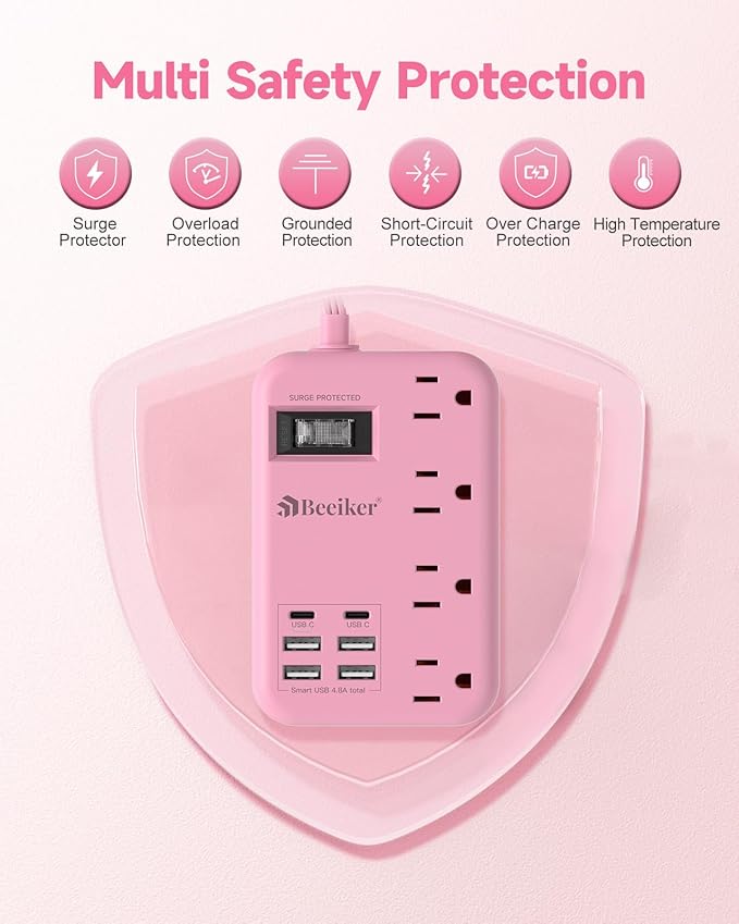 6 USB(2 USB C) Pink Extension Cord- 5Ft Travel Power Strip with 24W USB Charging Station and 4 Outlets, Pink Desk Accessories with Surge Protector for Cute Kawaii Gifts College Dorm Desk