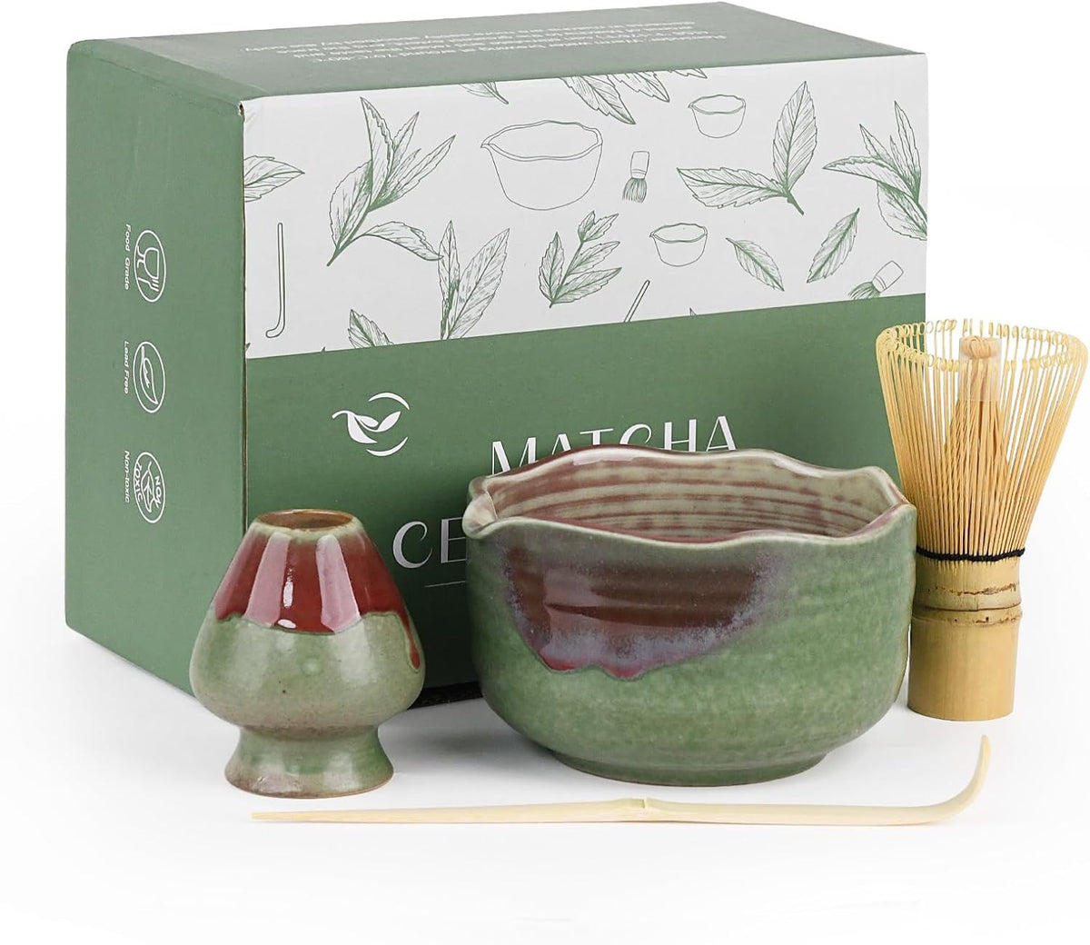 Pottery Matcha Set - Japanese Handcrafted Matcha Tea Bowl Mineral Glaze Bowl with Spout, Bamboo Whisk, Scoop & Chasen Holder | 4pc Tea Ceremony Kit for Matcha Lovers (Forest Glow)