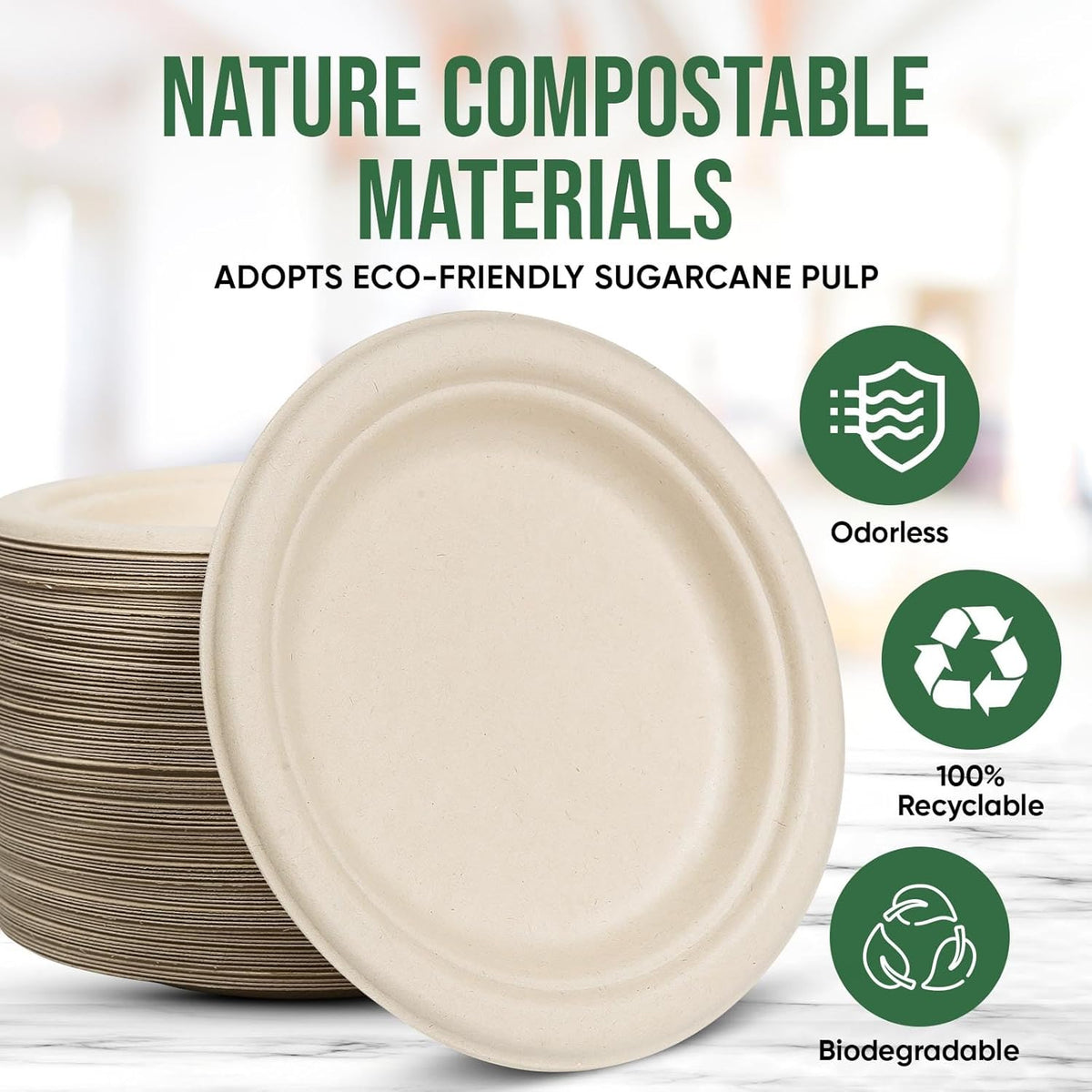 7 Inch Paper Plates 100 Pack - 100% Compostable Disposable Plates, Heavy Duty Dessert Plates, Biodegradable Sugarcane Plates for Party (Microwavable, Oil/Water Proof, Eco-Friendly, Brown)