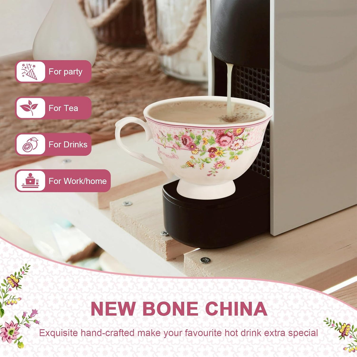 Cup and Saucer Sets of 6 with Spoon, 8oz Ceramic Tea Cups Saucers Set Porcelain New Bone China Floral Vintage Coffee Cup & Saucer Sets -Microwave Dishwasher Safe (Pink)