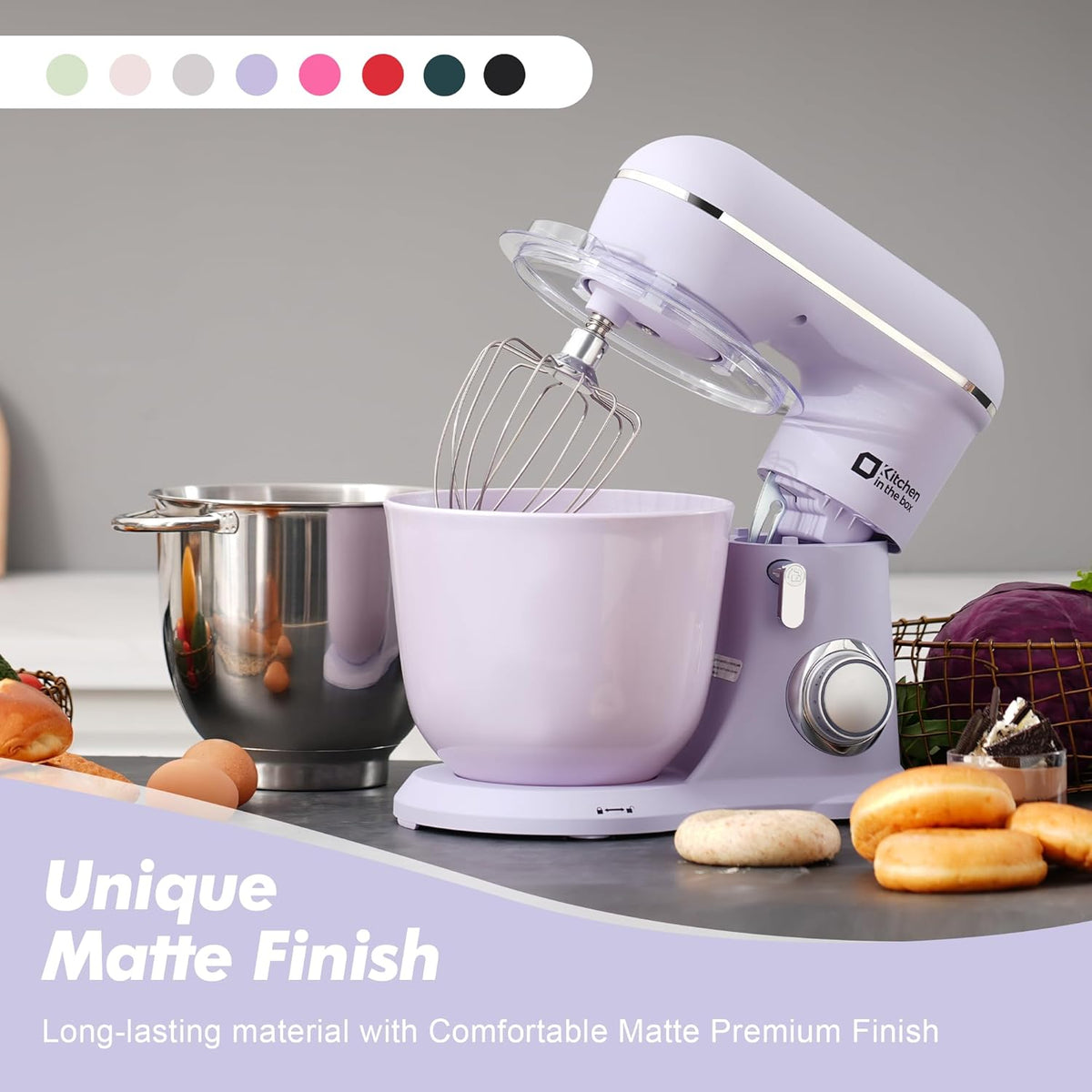 Kitchen in the box Stand Mixer, 4.5QT+5QT Two bowls Electric Food Mixer, 10 Speeds 3-IN-1 Kitchen Mixer for Daily Use with Egg Whisk,Dough Hook,Flat Beater (Lilac, 5QT)