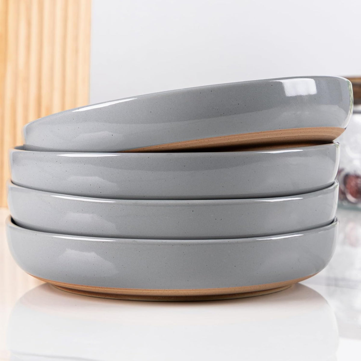 AmorArc 8.75'' Large Ceramic Pasta Bowls, 36oz Handpainted Stoneware Bowls Set of 4, Microwave&Dishwasher Safe Bowls with Wavy Rim&Rustic Terracotta Underside for Pasta Salad, Gray