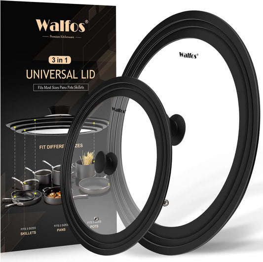 Walfos Universal Lids for Pots, Pans and Skillets - Tempered Glass with Heat Resistant Silicone Rim, Fits 6.5", 7" and 8" Diameter, 9.5", 10" and 11" Diameter Cookware（2PK）