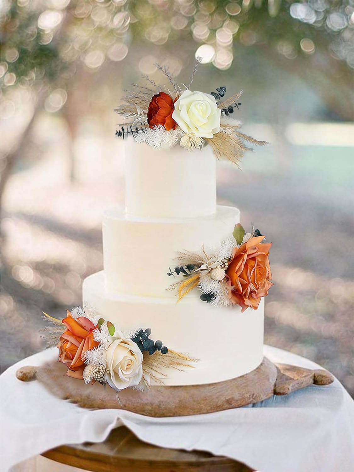Rinlong 3-Piece Boho Chic Cake Toppers: Terracotta & Beige Silk & Dried Eucalyptus Flowers for Weddings, Birthdays, Baptisms & More