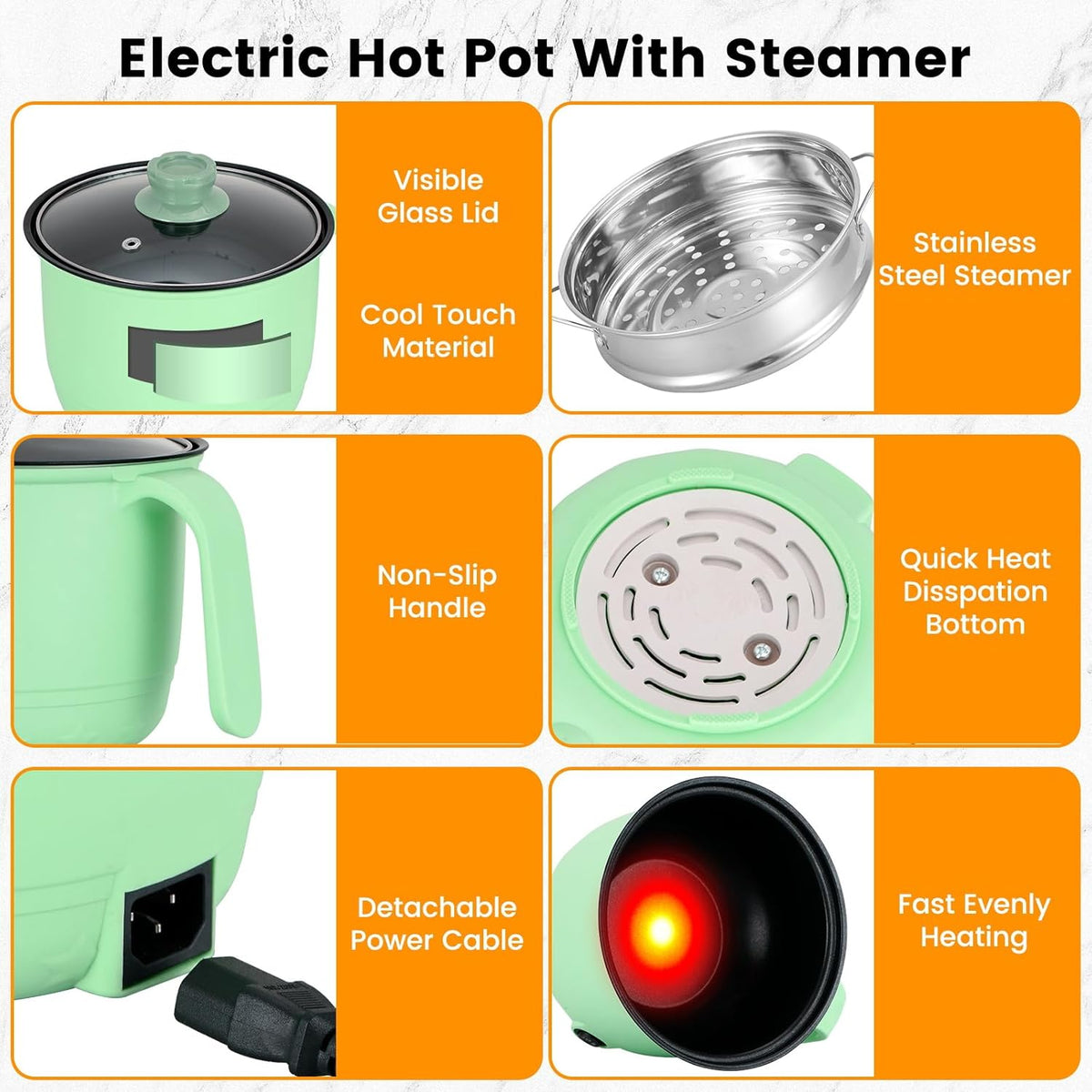 Hot Pot Electric With Steamer,Rapid Ramen Cooker,1.8L Mini Portable Self Heating Electric Pot For Cooking Noodles Oatmeal Pasta,Shabu Shabu Hotpot Pot Electric Dorm Lazy Pot,Non-Stick Green