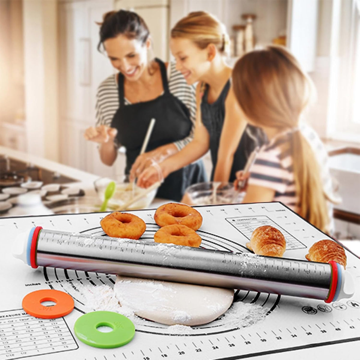 Rolling Pins, Stainless Steel Dough Roller, Rolling Pin and Silicone Baking Pastry Mat Set, Adjustable Rolling Pin with Thickness Rings for Baking Dough, Pizza, Pie, Pastries, Pasta, Cookies(Black)