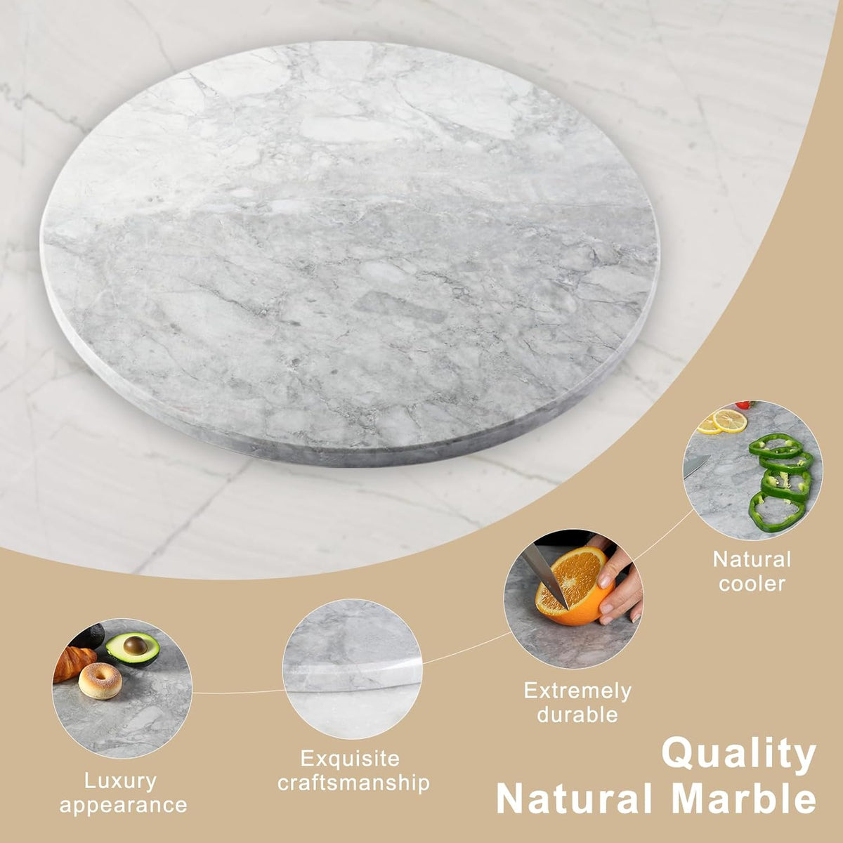 Koville Grayish White Marble Cutting Board Round, 16" Marble Cheese Board for Kitchen - Non-Stick Heat Resistant Stone Cutting Boards for Baking, Charcuterie, Pastry, Trivet