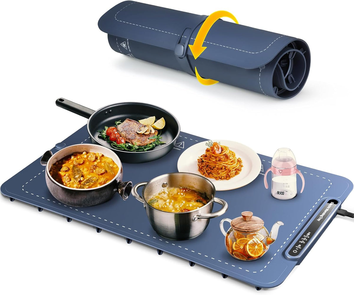 Warming Tray with Full Surface Heating, Foldable & Portable Food Warmer, 3 Temperature Settings & Child Lock, Premium Silicone Warmer Mat for Parties, Family Gatherings, Holidays, Daily Use