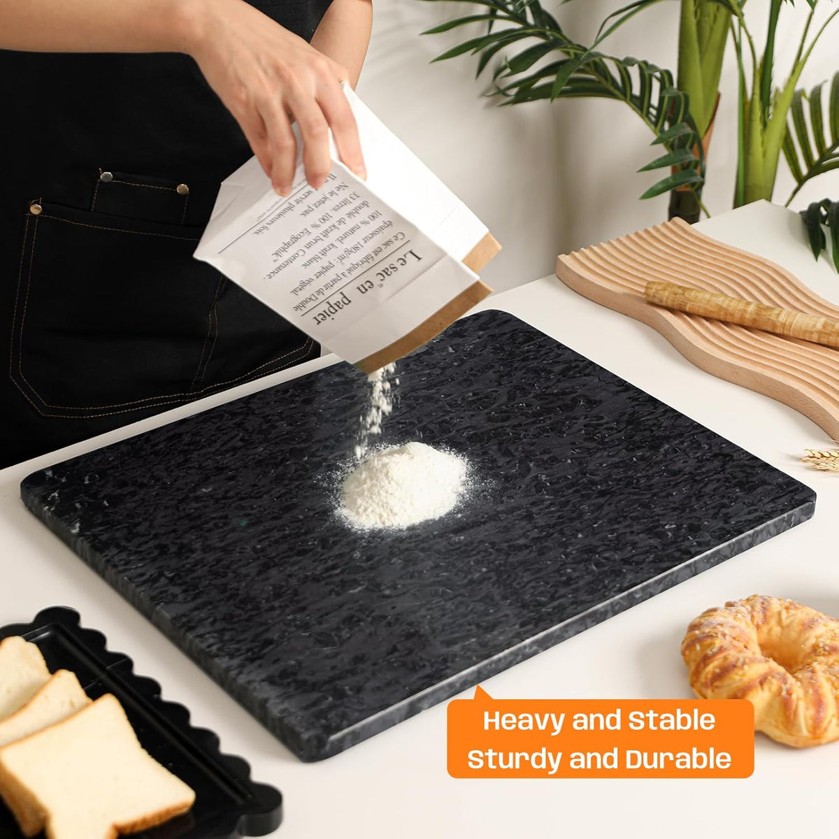 Black Marble Cutting Board For Kitchen, Large Marble Slab Pastry Board With Non-Slip Feet For Baking, Cheese, Charcuterie, Chocolate, 16x20 Inch, Pack Of 1 Piece