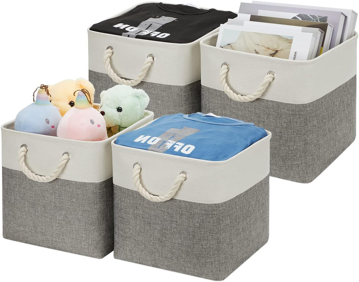 DULLEMELO Cube Storage Bins Set of 4 Fabric Storage Cubes Organizer Bin with Handles, Collapsible 12 Inch Cube Storage Baskets for Organizing, Closet, Shelf, Nursery (White&Grey)