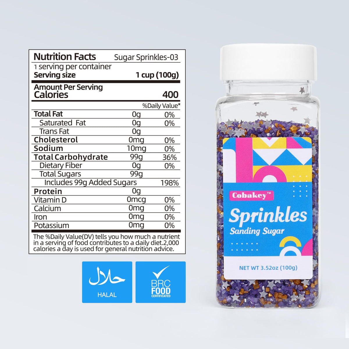 Sanding Sugar Edible Silver Glitter Stars Mix, Edible Purple Gold Sugar Sprinkles for Cake Decorating, Cupcake Toppers Cookie Decorations For Wedding Party Celebrations 3.5oz