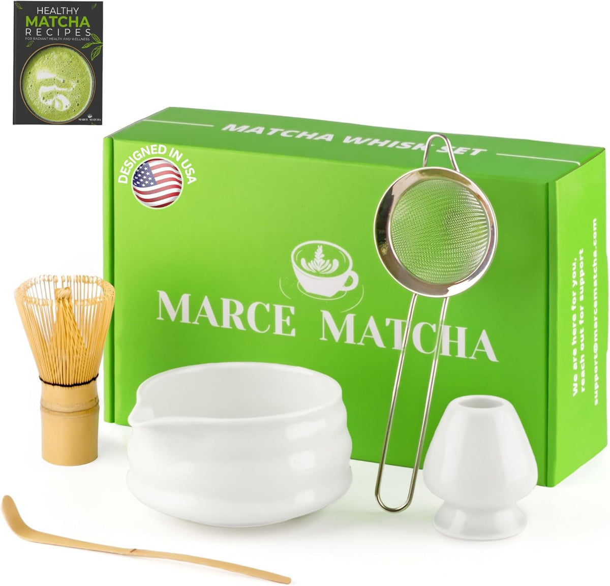 Marce Matcha Whisk Set- Matcha Set includes Matcha Whisk and Bowl with Spout, Sifter, Holder and Scoop- The Perfect Bamboo Whisk for Matcha Tea (White)