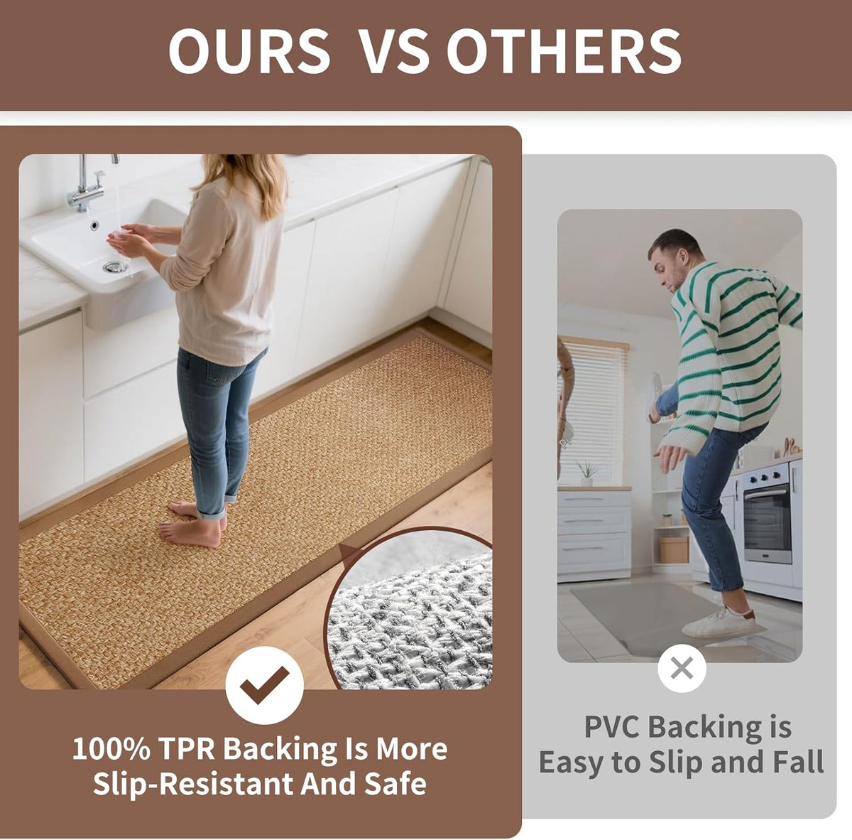 Kitchen Rugs Non Slip Washable, Super Absorbent Kitchen Mats for Floor, Rubber Backing Jute-Like Braid Kitchen Sink Mat Runner Rug Standing Floor Mat, Easy to Clean, Brown 17"x47"
