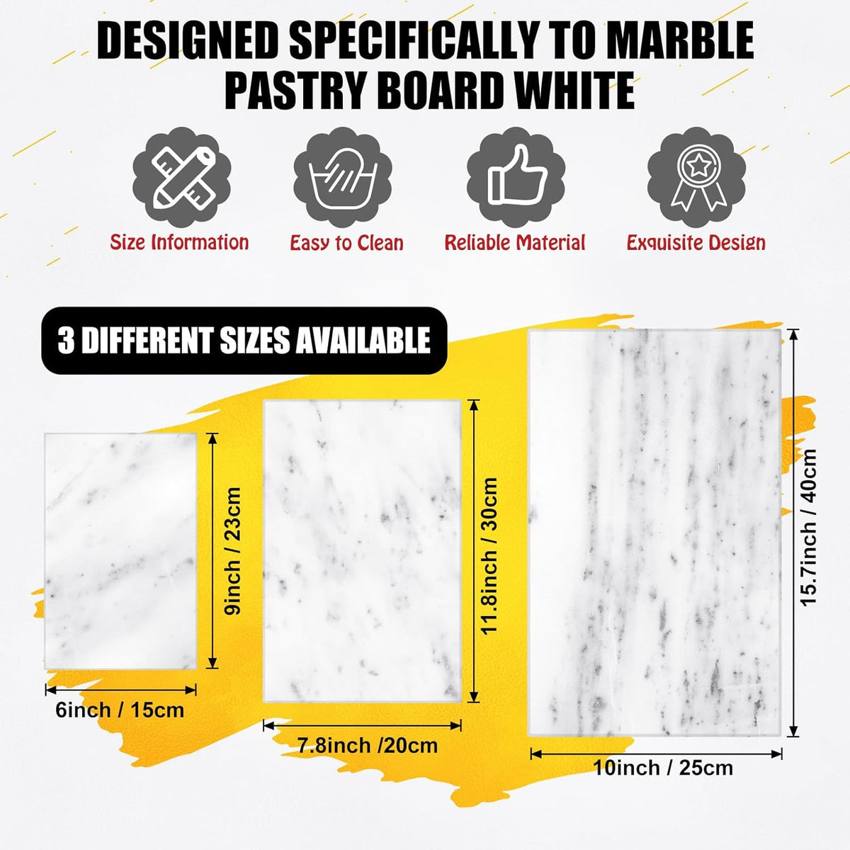 Hushee White Marble Board for Kitchen Marble Serving Tray 3 pcs Different Sizes 9 x 6'' 12 x 8'' 16 x 10'' and Non Slip Feet Pastry Cheese Tray Cutting Board for Pizza Bread Cake Baking Display
