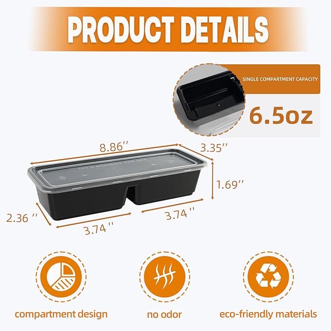 Disposable Food Storage Containers with Lids Meal Prep 2-Compartment To Go Take Out Plastic Black, Sturdy Leakproof Food Safe, Microwave Freezer Dishwasher Safe (50, 2 compartment)