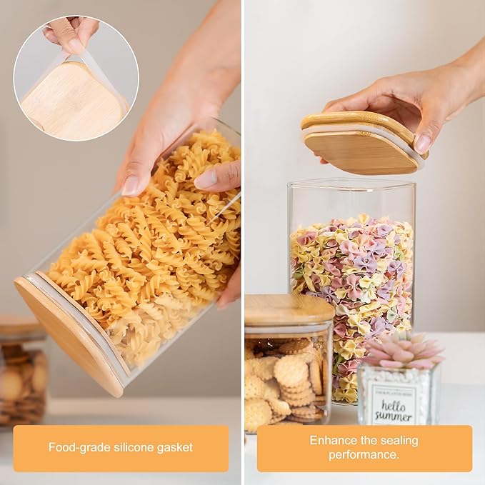 YUNCANG Glass Storage Jars 6 Pack 37oz Clear Glass Food Storage Containers with Airtight Bamboo Lid Stackable Kitchen Canisters for Candy,Cookie,Rice,Sugar,Flour,Pasta,Nuts and Spice Jars(Square)