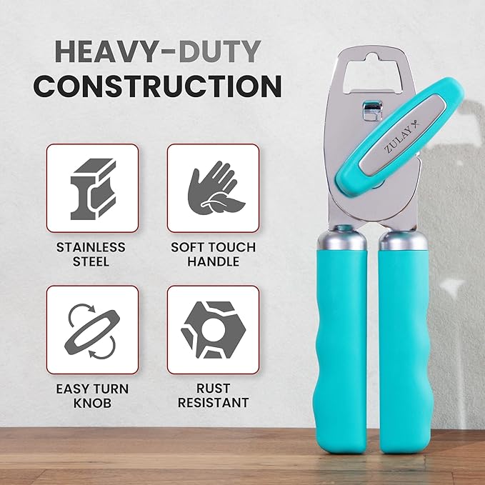 Zulay Kitchen Heavy Duty Stainless Steel Can Opener Manual with Bottle Opener - Rust Proof Manual Can Opener With Turn Knob & Soft Grip Handles