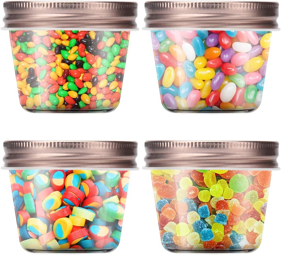 Novelinks 4 Ounce Clear Plastic Jars with Rose Gold Lids - Refillable Round Containers for Kitchen & Household Storage - BPA Free (40 Pack)