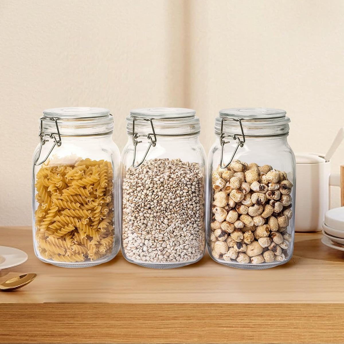 Glass Jars with Airtight Lid, Large Glass Food Storage Jars, 3 Pack Wide Mouth Airtight Glass Jars ffor Flour, Cereal, Coffee, Pasta and Canning(50OZ)