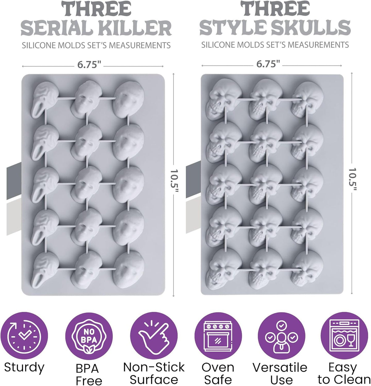 ShapedIceMolds Horror Movie Character Molds – Halloween Silicone Molds for Chocolate, Candy, Soap, Fondant, Resin, Crafts – 3D Creepy Scary Film Icons for Party Treats & DIY Decor (Gray)