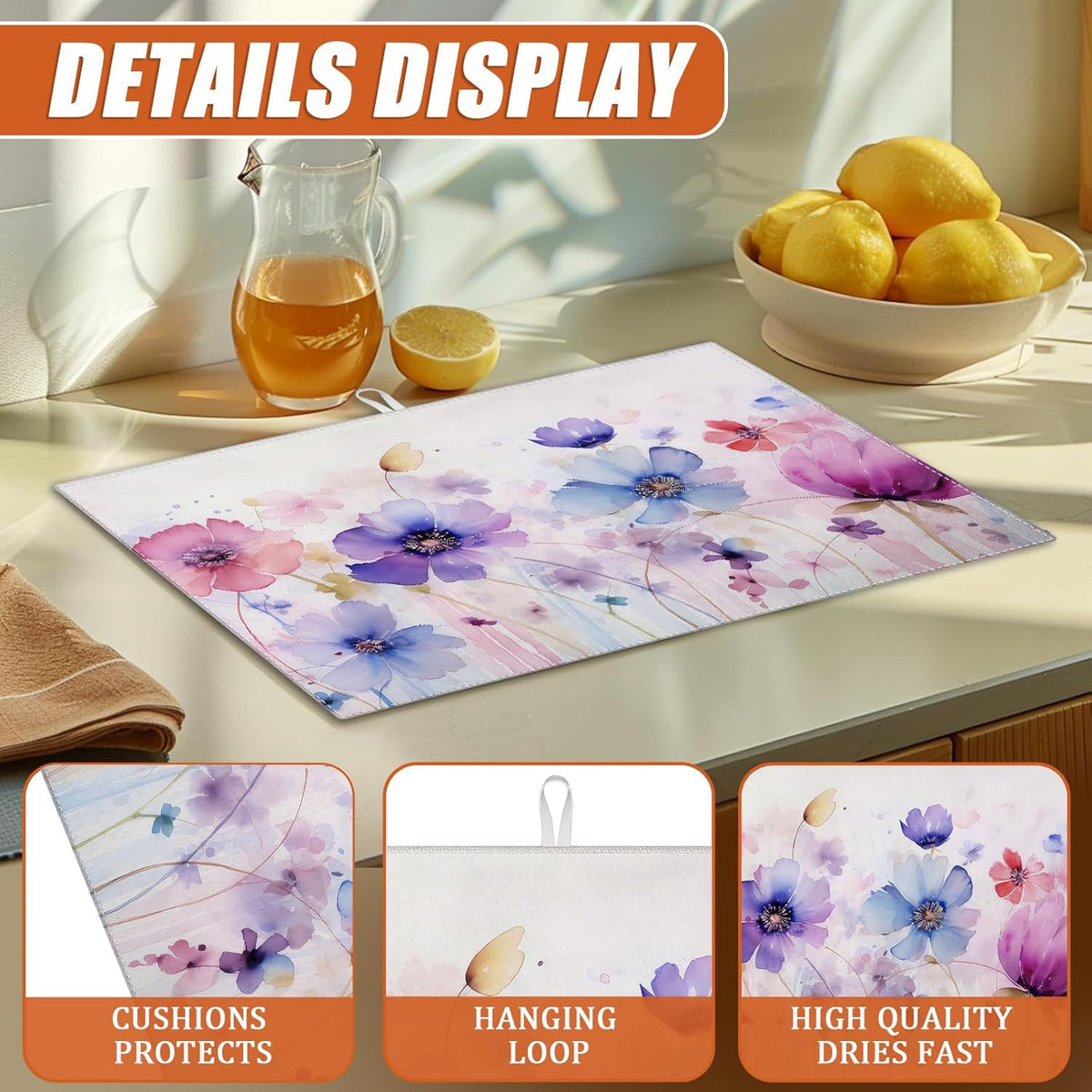 Watercolor Flowers Dish Drying Mat for Kitchen Counter Microfiber Absorbent Dish Kitchen Drying Mat Draining Reusable Washable for Dishes/Utensils/Counterto