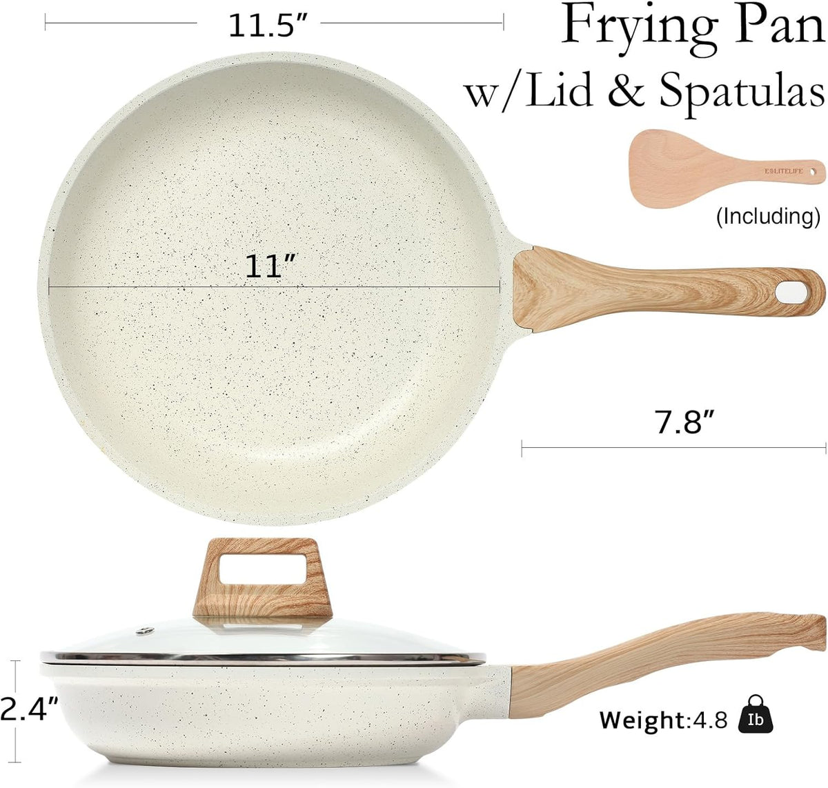 ESLITE LIFE Nonstick Ceramic Frying Pan Skillet with Lid, Non-Toxic Egg Omelette Kitchen Cooking Pans Compatible with All Stovetops (Gas, Electric & Induction), PTFE & PFOA Free (White, 11" w/Lid)