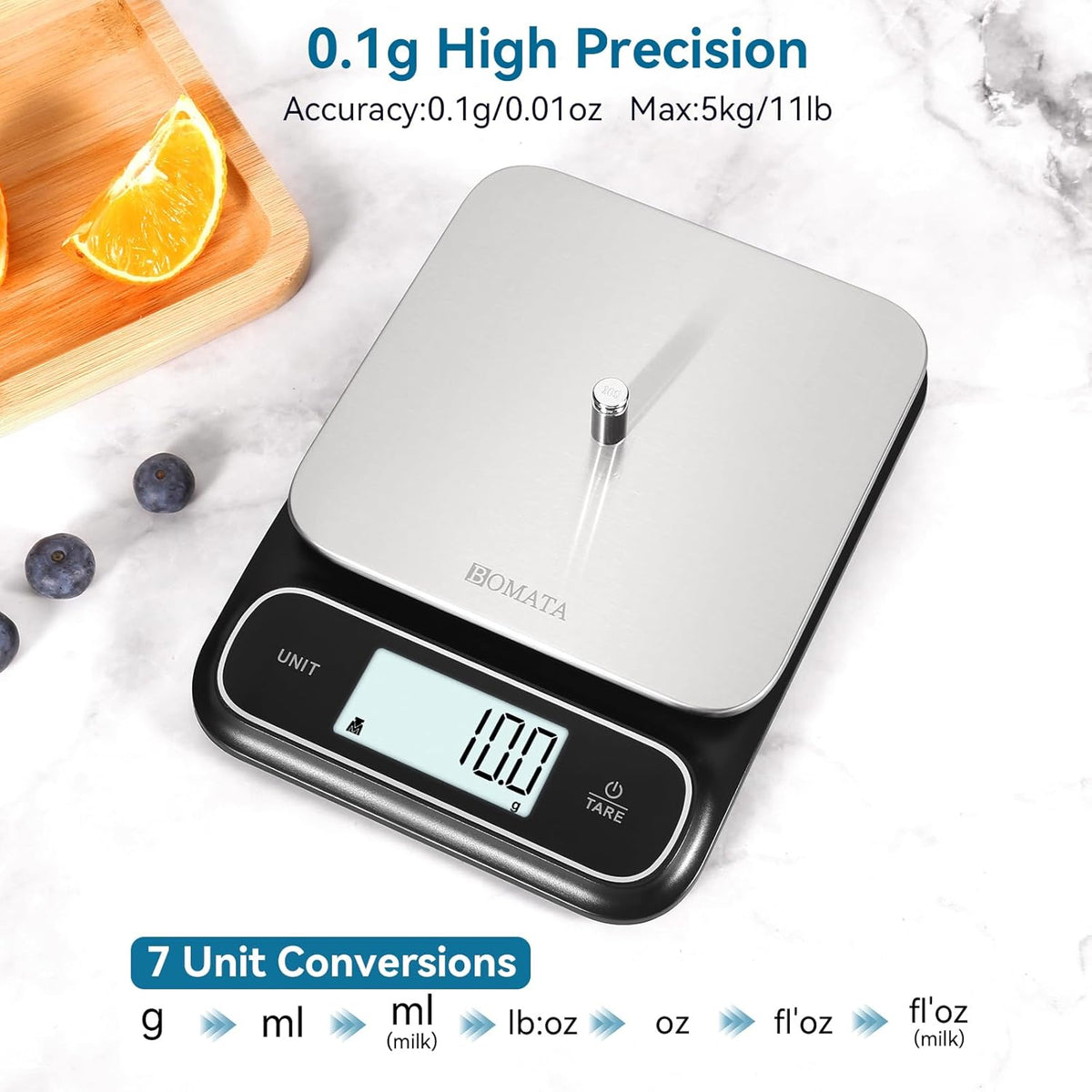 BOMATA Waterproof IPX6 Kitchen Scale, 0.1 g/0.01 oz High Precision, 5 kg/11 lbs, Digital Scale with Backlight, Stainless Steel Weighing Platform, for Food, Cooking, Baking, Weight Loss.. B619, Black