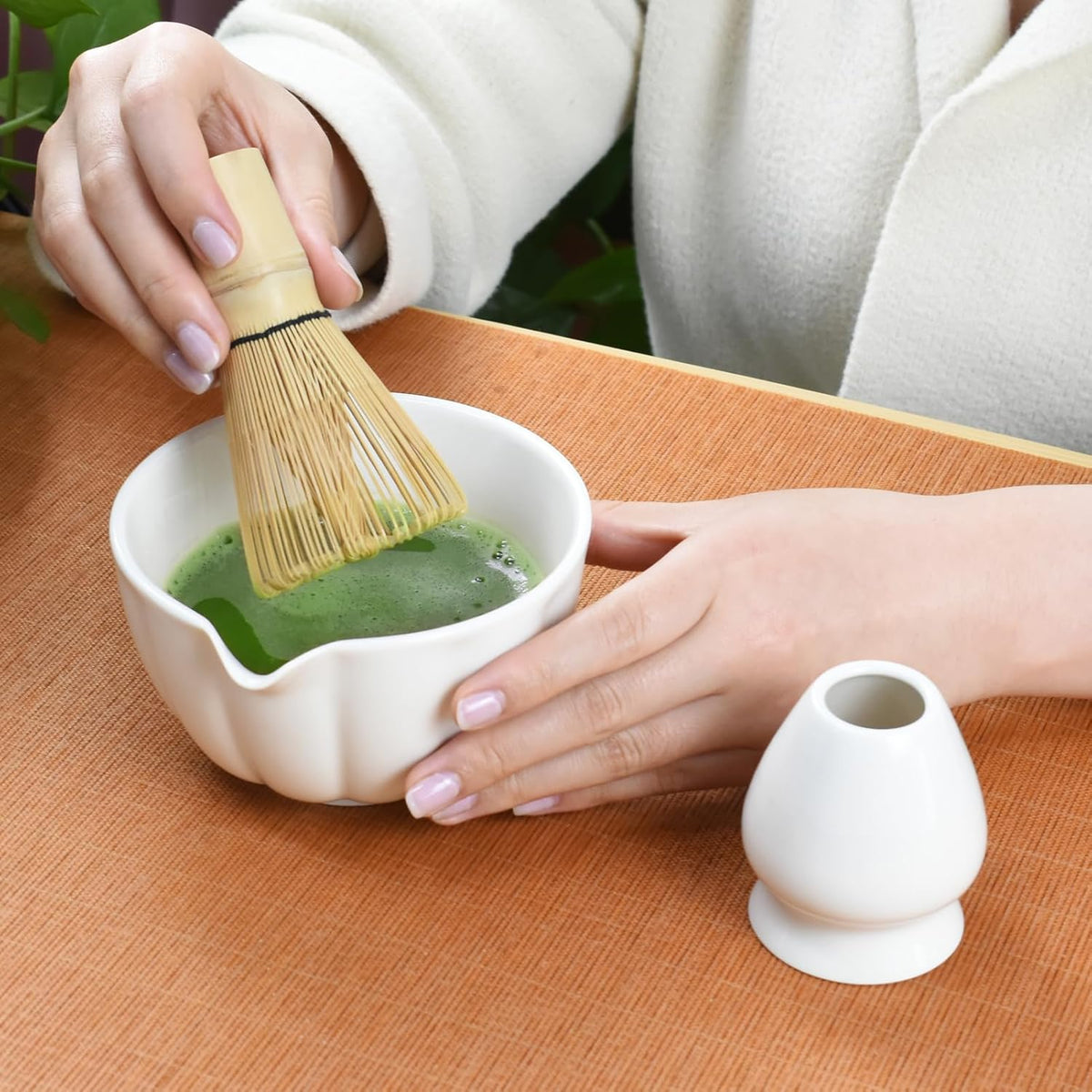 Artcome 7 Pcs Japanese Matcha Tea Set - Matcha Bowl with Pouring Spout, Matcha Whisk, Tea Scoop, Whisk Holder, Handmade Matcha Ceremony Kit For Japanese Tea Ceremony, Ivory
