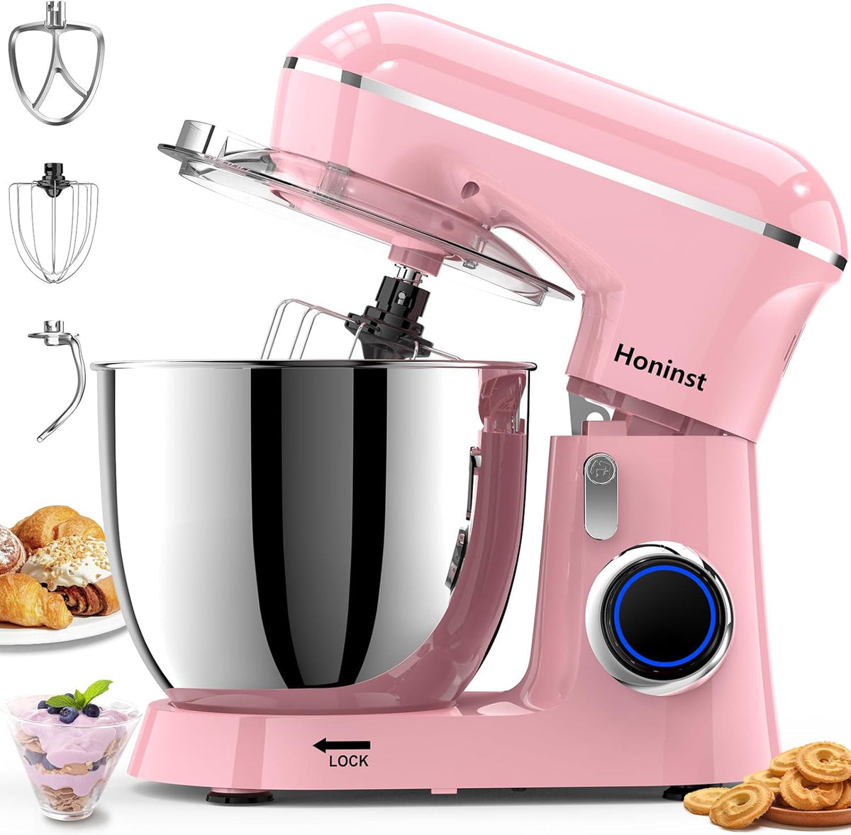 Stand Mixer, 6.5QT 10-Speed Tilt-Head Electric Stand Mixer, 3-In-1 Kitchen Mixer with Bowl, Dough Hook, Whisk and Beater, Food Mixer for Baking, Cake and Most Home Cooks, Pink