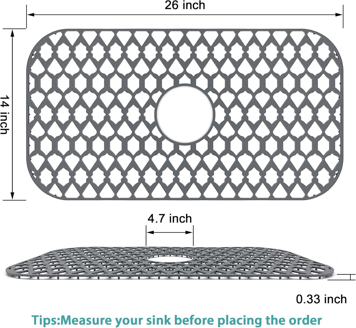 Large Sink Protectors for Kitchen Sink 19”x13”& 24”x13”& 26”x14”, Silicone Sink Mats Grid for Bottom of Farmhouse Stainless Steel Porcelain Sink (26”x14”, Center Drain)