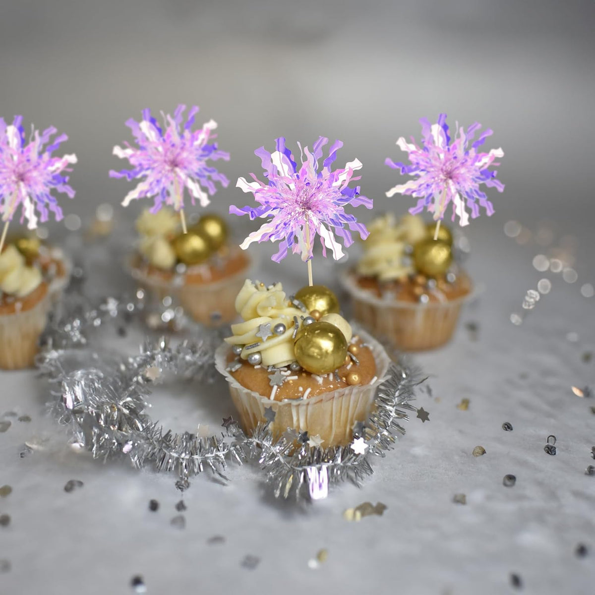 Gyufise 30Pcs Foil Firework Cupcake Toppers Happy Birthday Cake Toppers Tinsel Flower Drink Stirrers Cocktail Food Fruit Toothpicks for Valentine's Day Party Birthday Wedding Supplies Purple