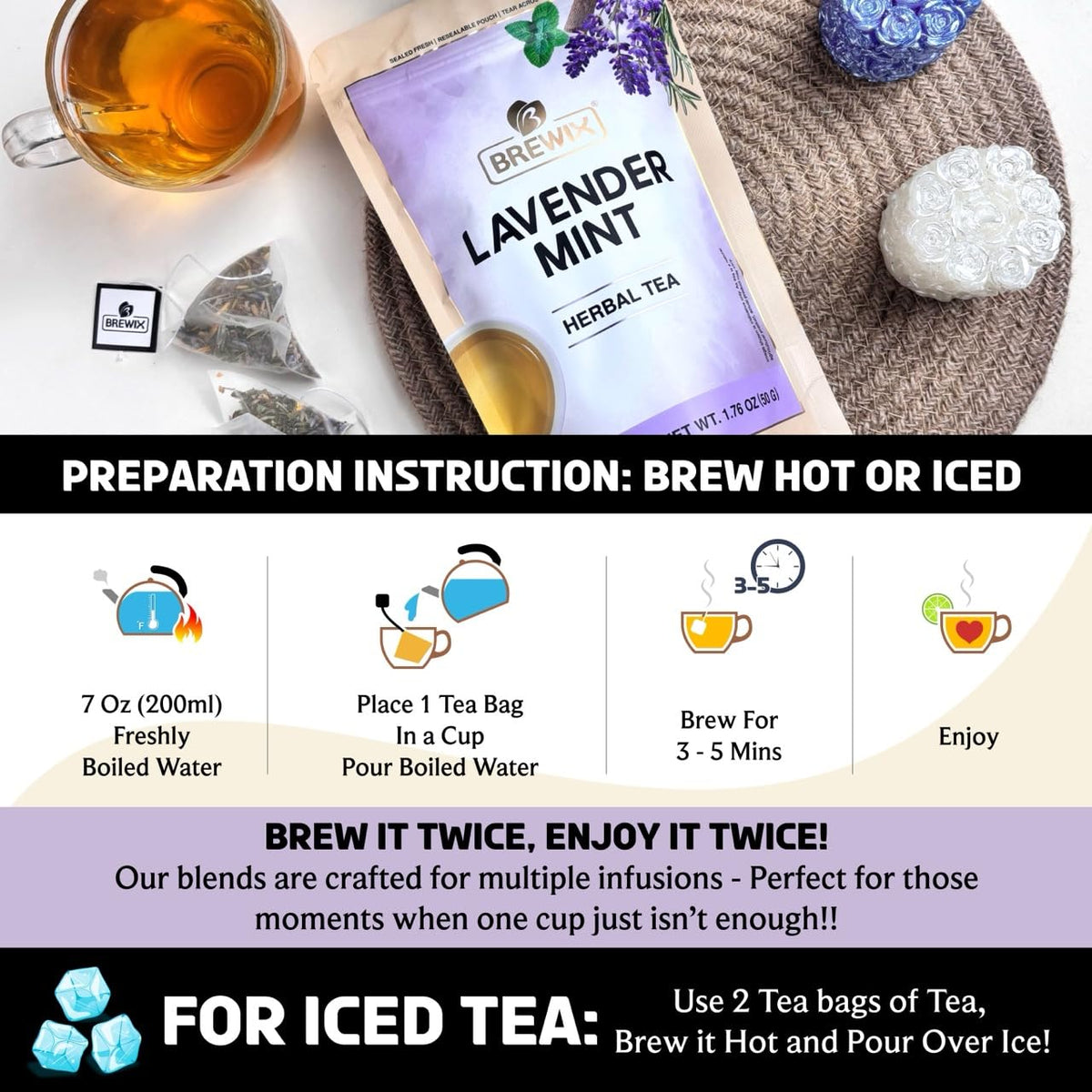 BREWIX, Lavender Mint (25 Pyramid Tea Bags) | Herbal, Caffeine Free, Lavender with Peppermint and Rosemary