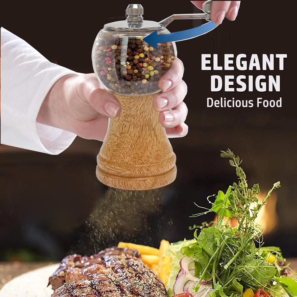 Classical Hand Shake Wood Pepper Grinder Set & Gorgeous Salt Wooden & Acrylic,Ceramic Blades Upgrade metal handle,Enjoy Your Best Fresh Ground Pepper Various spices (Burlywood 1pcs-5in)