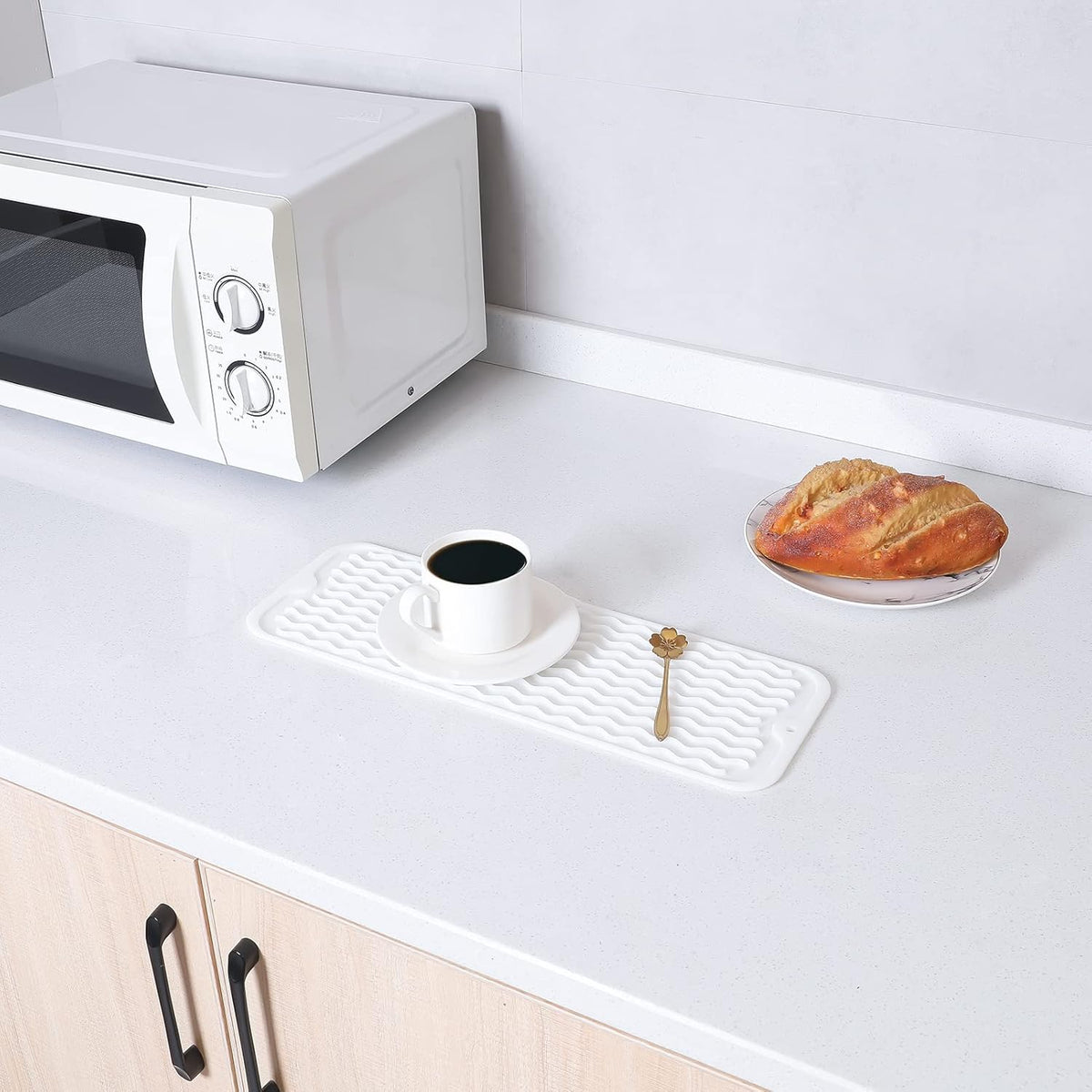 Silicone Dish Drying Mat for Multiple Usage,Easy clean,Eco-friendly,Heat-resistant Silicone Mat for Kitchen Counter,Sink,Bar,Bottle,or Cup White M 17 inches x 6 inches