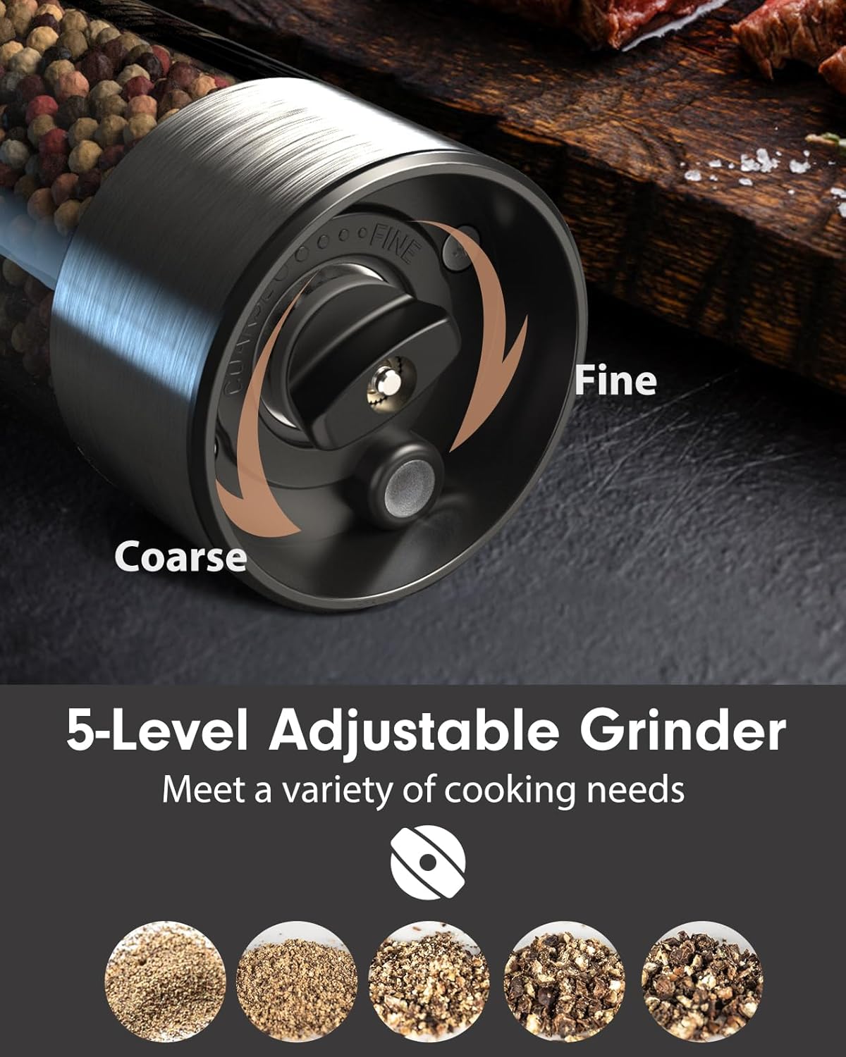 TOMEEM Upgraded Larger Capacity Electric Salt and Pepper Grinder Set Rechargeable with LED lights, Stainless Steel Automatic Pepper and Salt Grinder Refillable with 5 Adjustable Coarseness
