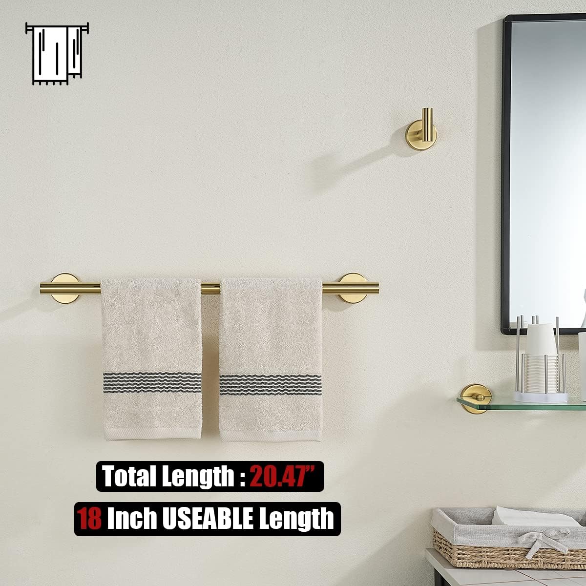 JQK Towel Bar Brushed Gold, 20.5 Inch 304 Stainless Steel Thicken 0.8mm Towel Rack Bathroom, Towel Holder Wall Mount, Useable Length 18 Inch 2 Pack, TB110L18-BG-P2