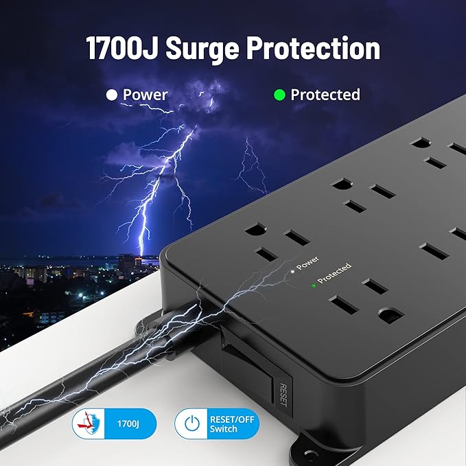 TROND Surge Protector Power Strip, Flat Plug 15ft Long Extension Cord, 7 Widely-Spaced Outlets with 3 USB Ports, ETL Listed, 1700J, Wall Mountable, for Home Office Garage, Black