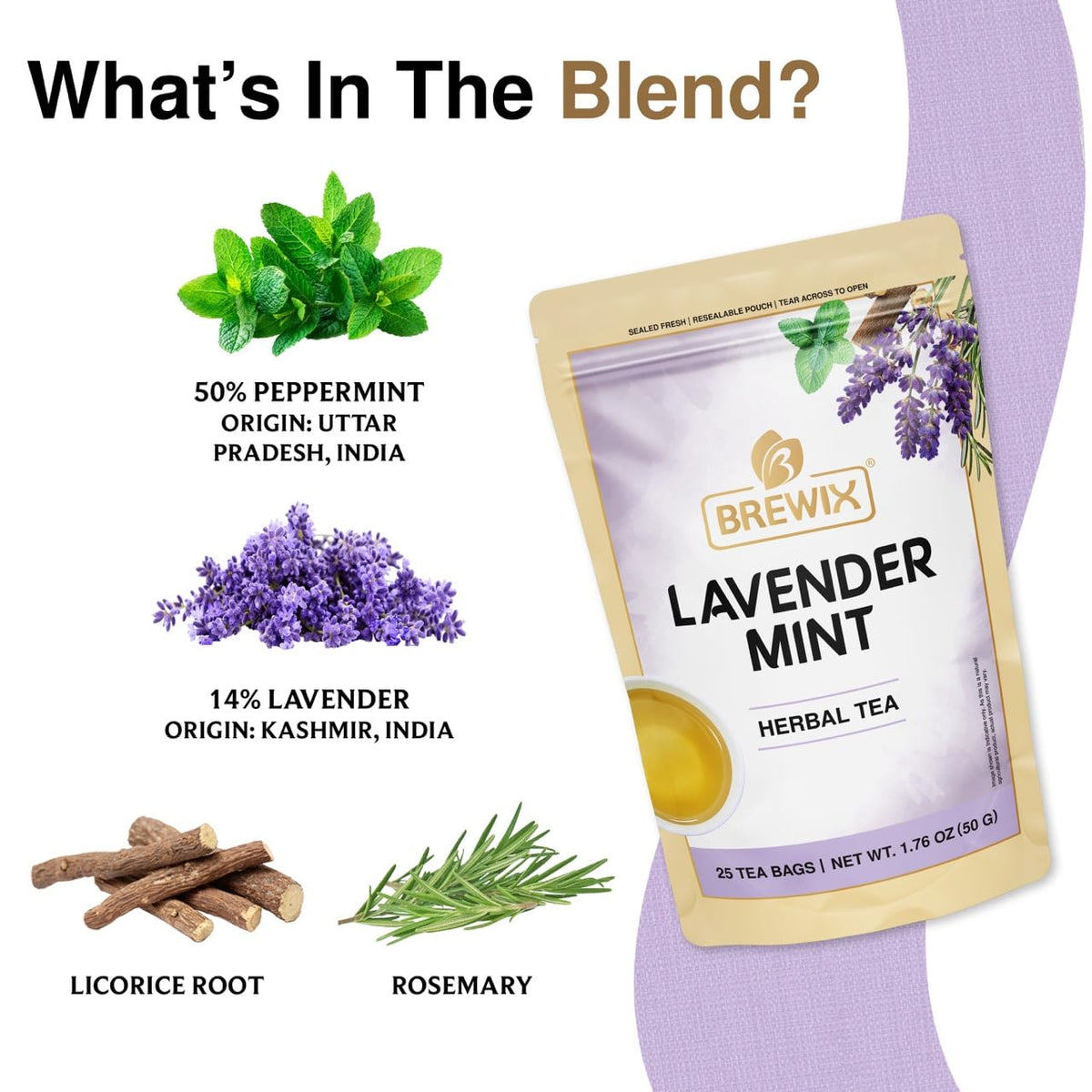 BREWIX, Lavender Mint (25 Pyramid Tea Bags) | Herbal, Caffeine Free, Lavender with Peppermint and Rosemary