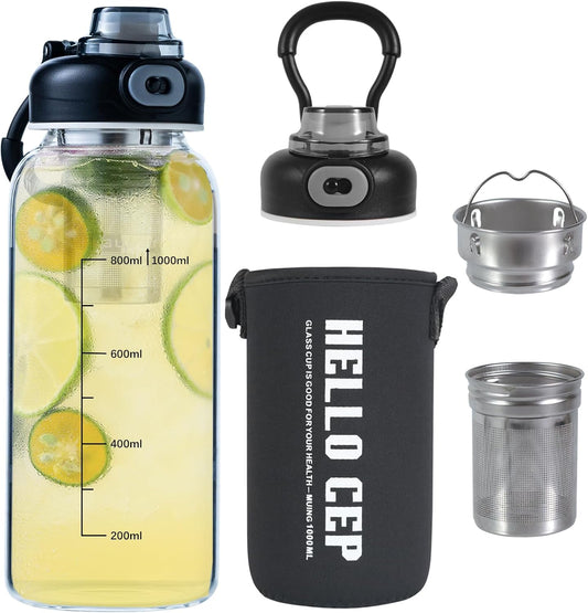 34oz tea bottle with infuser - Large Capacity Glass Water Bottle, With Time Mark, Stainless Steel Tea Strainer,Sleeve, BPA Free,For hot or cold drinks, coffee, tea and water