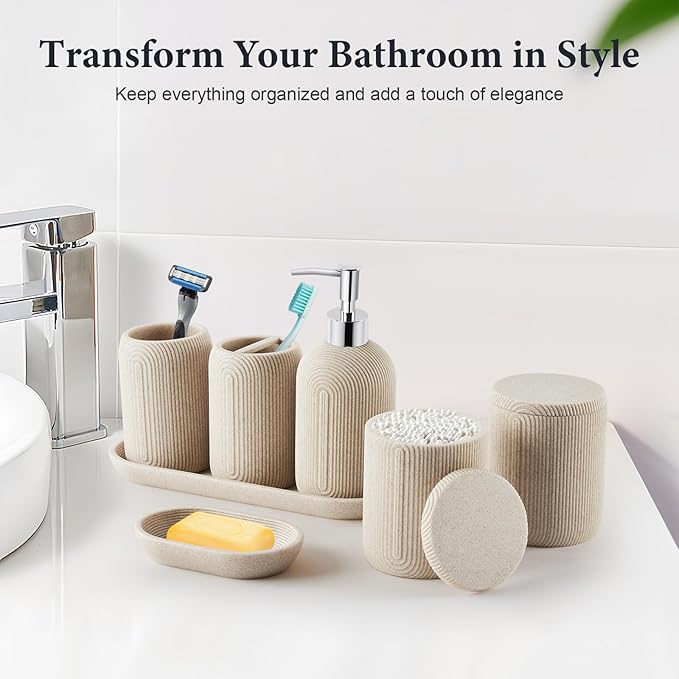 Bathroom Accessories Set - 7-Piece Resin Bathroom Set, Toothbrush Holders Set, Soap Dispenser, Qtip Holder Dispenser, Tumbler, Soap Dish & Tray, Modern Bath Decor for Home Dorm Hotel (Beige)